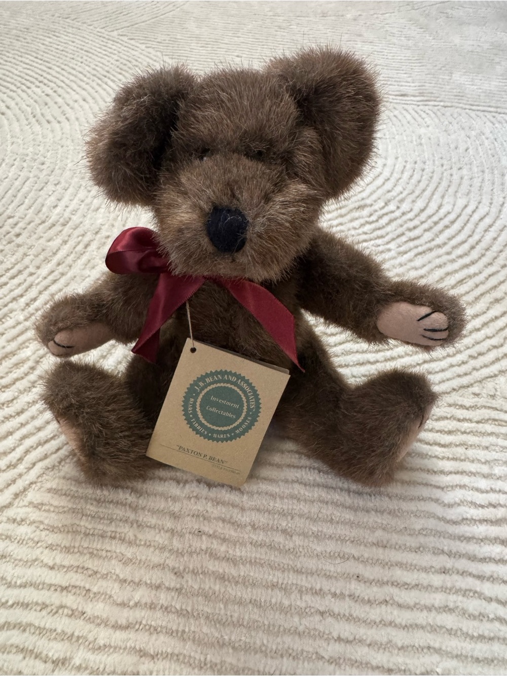 Boyds Bears Paxton p bean 1998  Brown Plush Bear with Burgundy Bow